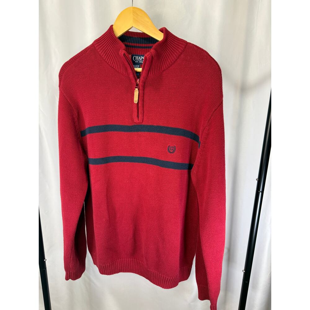 Chaps Men’s Red Quarter Zip Sweater Medium 100% Cotton Navy Stripe Pullover